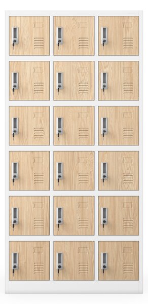 Skříňka pro zaměstnance s 18 uzamykatelnými boxy, bílá / dub sonoma, 900x1850x400 mm: KAROL Eco Design