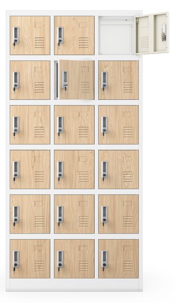 Skříňka pro zaměstnance s 18 uzamykatelnými boxy, bílá / dub sonoma, 900x1850x400 mm: KAROL Eco Design