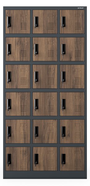 Skříňka pro zaměstnance s 18 uzamykatelnými boxy, bílá antracit/ořech, 900x1850x400 mm: KAROL Eco Design