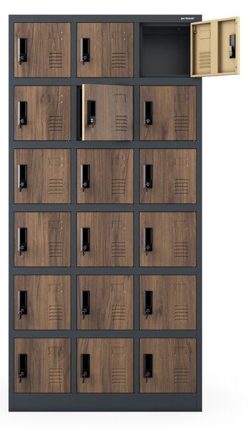 Skříňka pro zaměstnance s 18 uzamykatelnými boxy, bílá antracit/ořech, 900x1850x400 mm: KAROL Eco Design