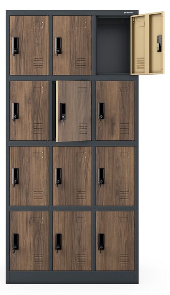 Skříňka pro zaměstnance s 12 uzamykatelnými boxy, bílá antracit/ořech, 900x1850x400 mm: MARCIN Eco Design