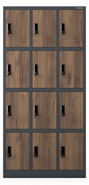 Skříňka pro zaměstnance s 12 uzamykatelnými boxy, bílá antracit/ořech, 900x1850x400 mm: MARCIN Eco Design