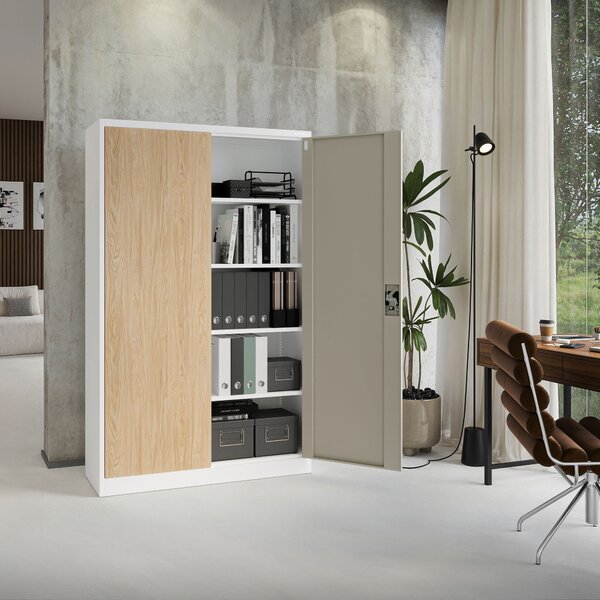 Kovová kancelářská skříň na dokumenty široká bílá / dub sonoma, 1150x1850x400 mm: JAN II Eco Design