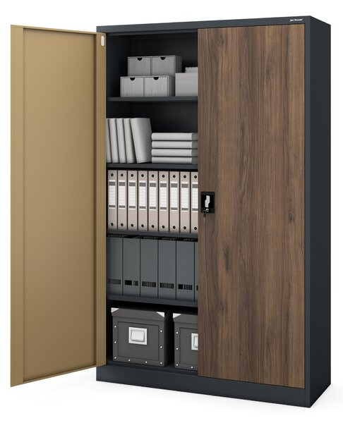 Kovová kancelářská skříň na dokumenty široká bílá antracit/ořech, 1150x1850x400 mm: JAN II Eco Design