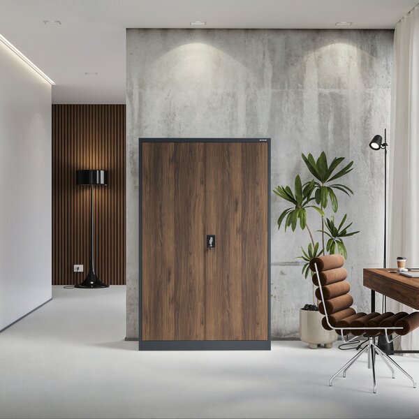 Kovová kancelářská skříň na dokumenty široká bílá antracit/ořech, 1150x1850x400 mm: JAN II Eco Design