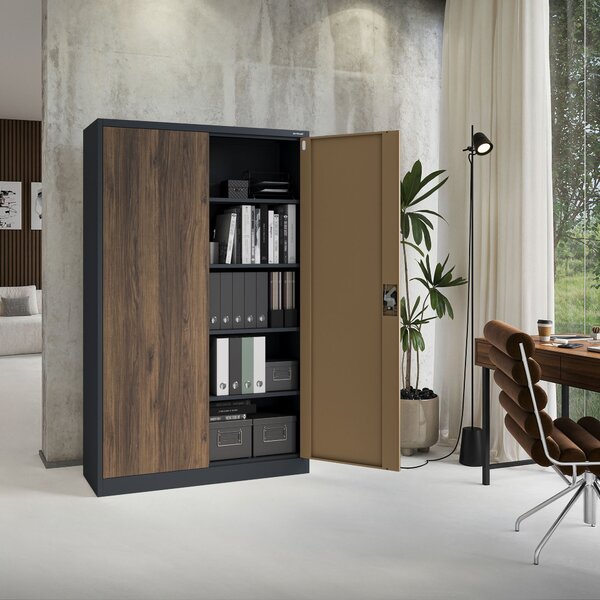 Kovová kancelářská skříň na dokumenty široká bílá antracit/ořech, 1150x1850x400 mm: JAN II Eco Design
