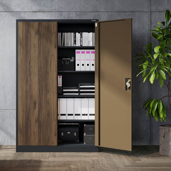 Kovová kancelářská skříň na dokumenty široká bílá antracit/ořech, 1150x1850x400 mm: JAN II Eco Design