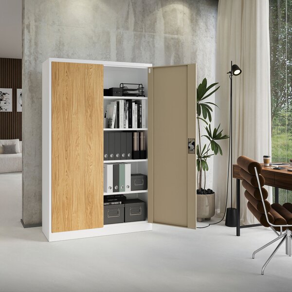 Kovová kancelářská skříň na dokumenty široká bílá bílá/zlatý dub, 1150x1850x400 mm: JAN II Eco Design