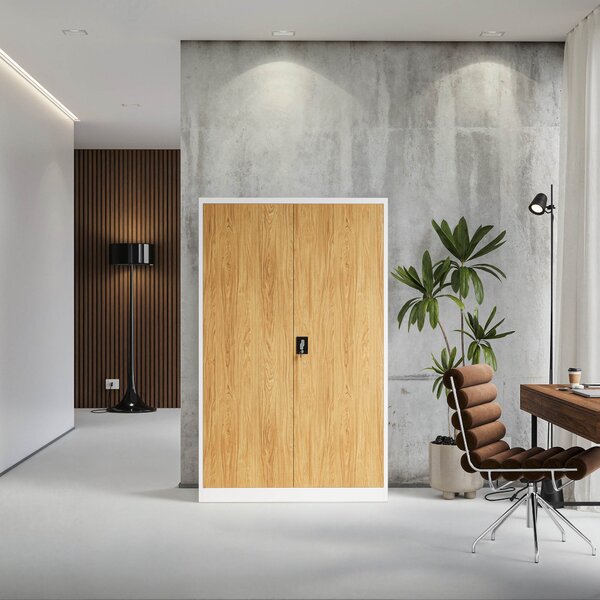 Kovová kancelářská skříň na dokumenty široká bílá bílá/zlatý dub, 1150x1850x400 mm: JAN II Eco Design