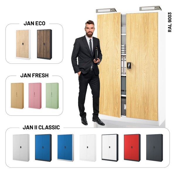 Kovová kancelářská skříň na dokumenty široká bílá bílá/zlatý dub, 1150x1850x400 mm: JAN II Eco Design