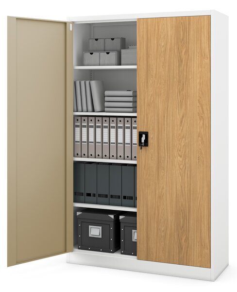 Kovová kancelářská skříň na dokumenty široká bílá bílá/zlatý dub, 1150x1850x400 mm: JAN II Eco Design