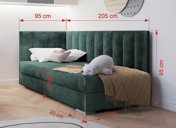 Jednolůžková čalouněná postel s úložným prostorem 90x200 BEGRA 5 - zelená, pravé provedení