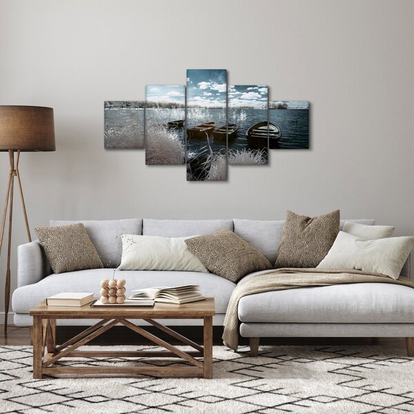 Obraz - Dřevěné loďky na jezeru (125x70 cm)