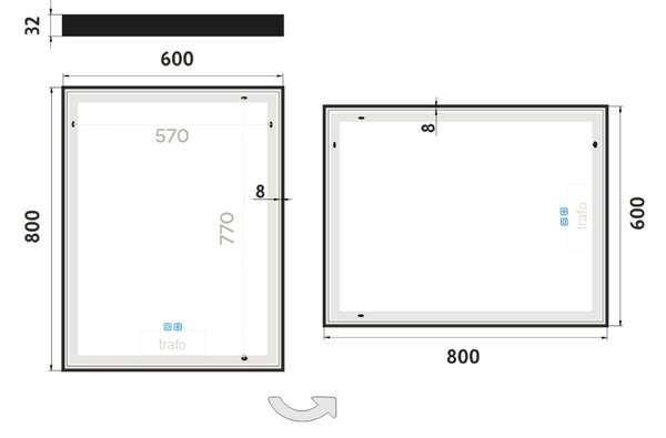 Nimco Černé LED zrcadlo 41W, 60x80 cm se dvěma dotykovými senzory