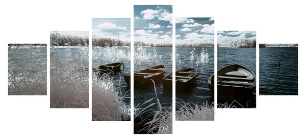 Obraz - Dřevěné loďky na jezeru (210x100 cm)