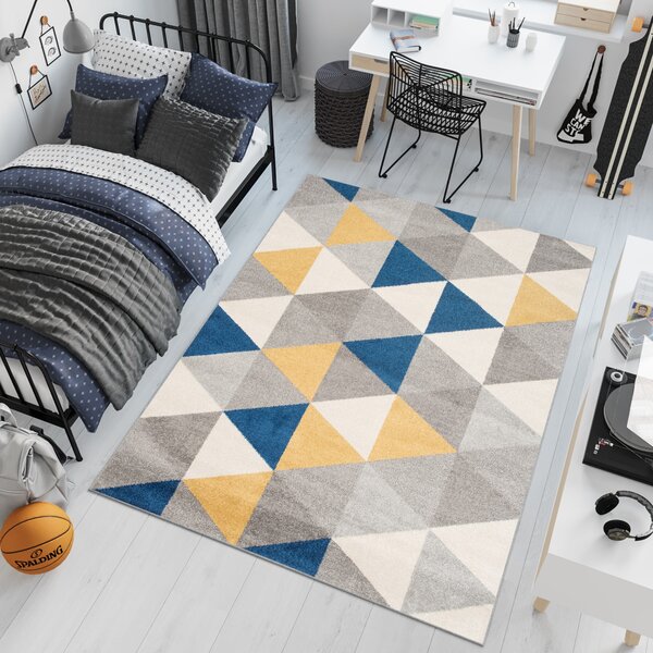 Makro Abra Kusový koberec LAZUR C940B trojúhelníky šedý modrý žlutý Rozměr: 80x150 cm