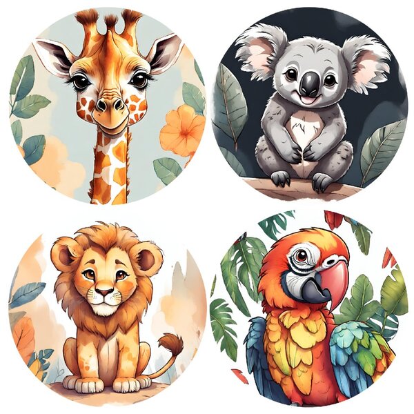 PIPPER. Sada 4 kruhových nálepek "Exotická zvířata"