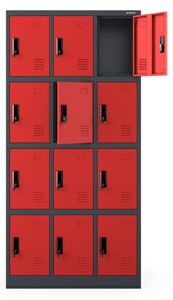 Šatní skříň s 12 uzamykatelnými boxy, antracit/červená, 900x1850x400 mm: MARCIN