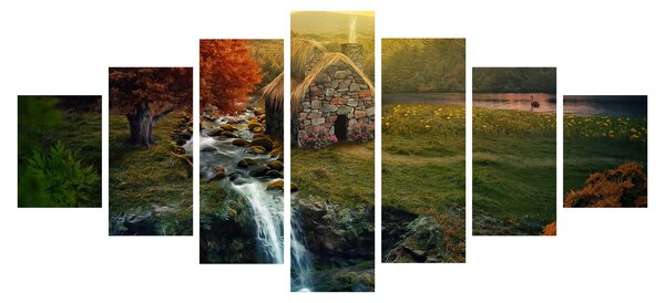 Obraz chalupky v pohádkové krajině (210x100 cm)