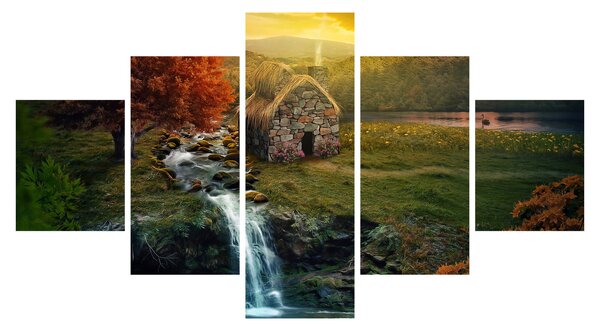 Obraz chalupky v pohádkové krajině (125x70 cm)