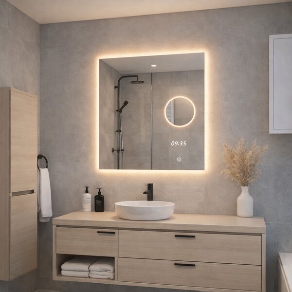 LED zrcadlo TIME 60x65 cm, hodiny, kosmetické zrcátko, nastavitelné osvětlení