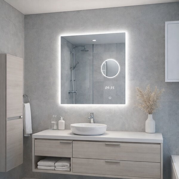 LED zrcadlo TIME 60x65 cm, hodiny, kosmetické zrcátko, nastavitelné osvětlení