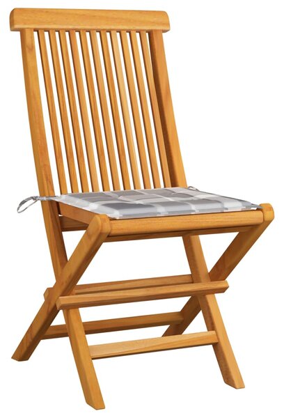 Zahradní židle s šedými károvanými poduškami 2 ks masivní teak
