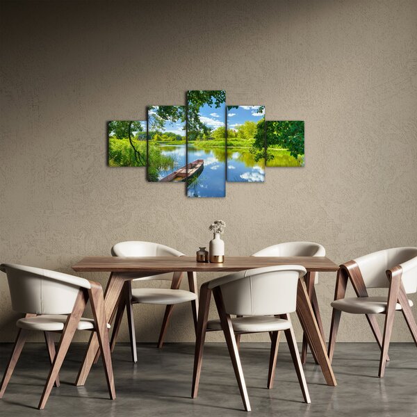 Obraz letní řeky s loďkou (125x70 cm)