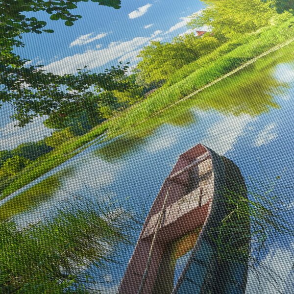 Obraz letní řeky s loďkou (210x100 cm)