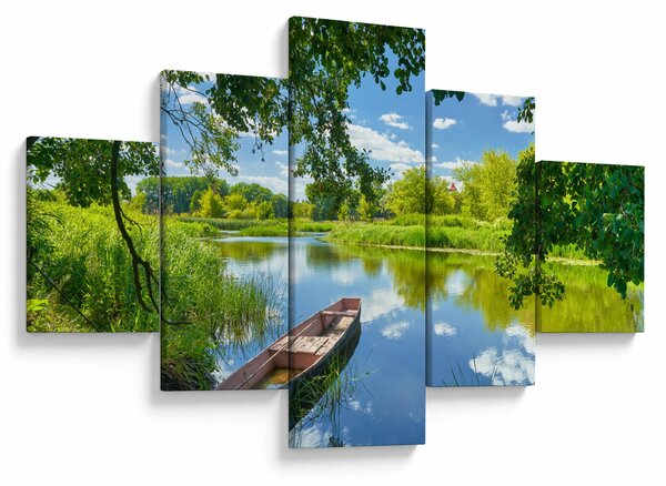 Obraz letní řeky s loďkou (125x70 cm)