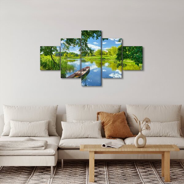 Obraz letní řeky s loďkou (125x70 cm)