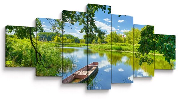 Obraz letní řeky s loďkou (210x100 cm)