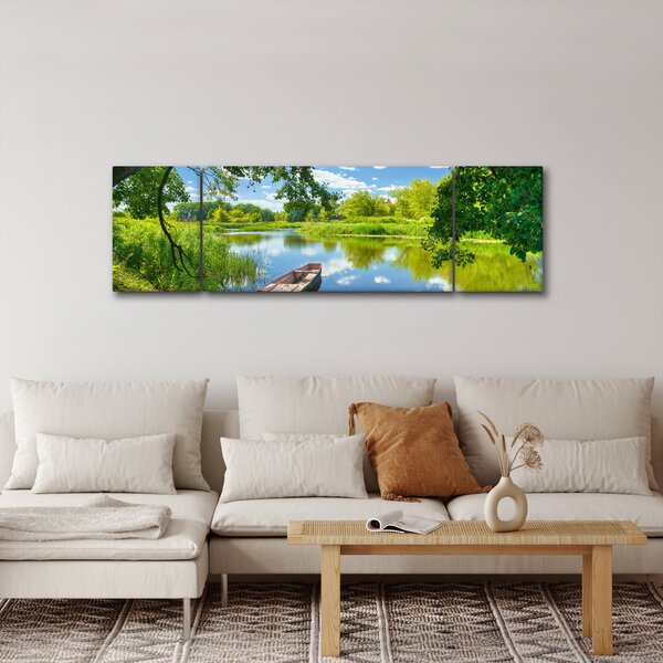 Obraz letní řeky s loďkou (170x50 cm)
