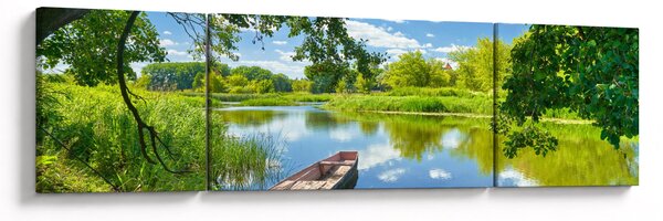 Obraz letní řeky s loďkou (170x50 cm)