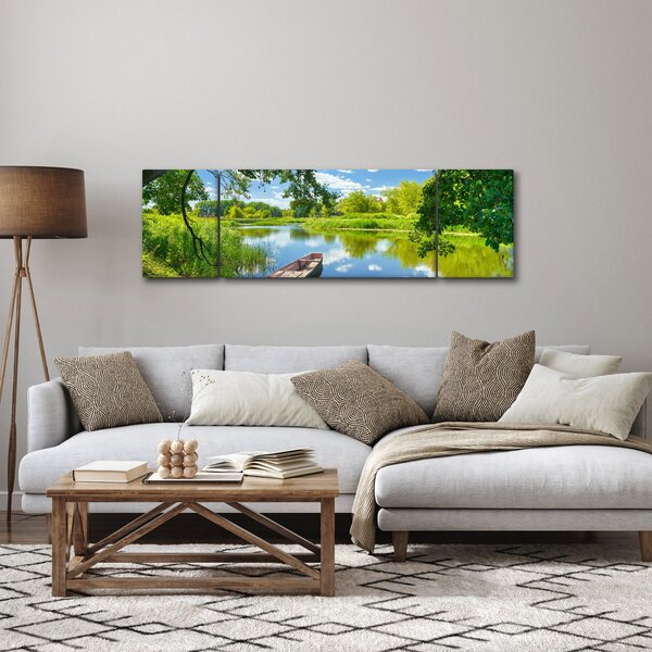 Obraz letní řeky s loďkou (170x50 cm)