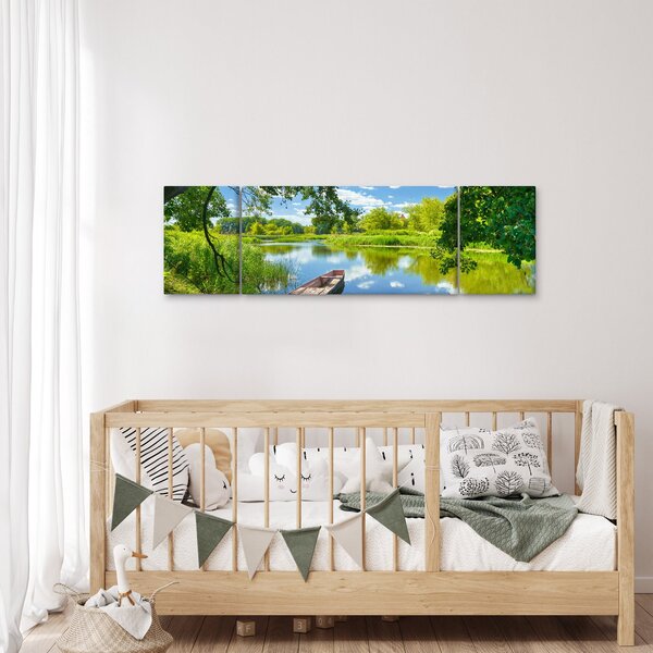 Obraz letní řeky s loďkou (170x50 cm)