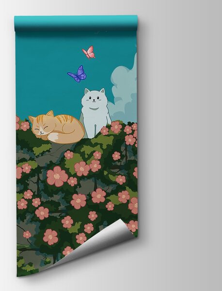 Fototapeta Kresba koček a motýlů na keři, Dětské fototapety, Populární fototapety, t00705 - Tapeko.co.cz