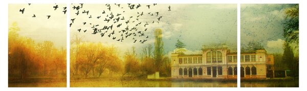 Obraz malované krajiny se sídlem (170x50 cm)