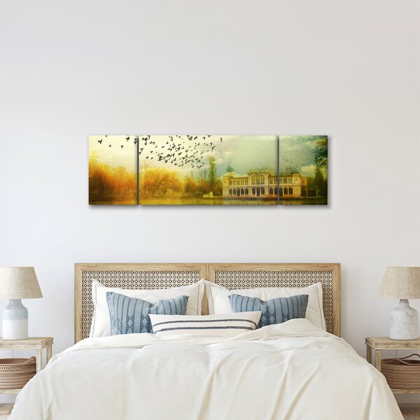 Obraz malované krajiny se sídlem (170x50 cm)