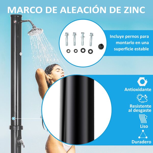Outsunny 20L Zahradní solární sprcha s kulovou sprchovou hlavicí a horkou vodou - max. 60℃ a nožní sprcha pro bazén, patio a pláž, rozměry 15.5x15.5x2