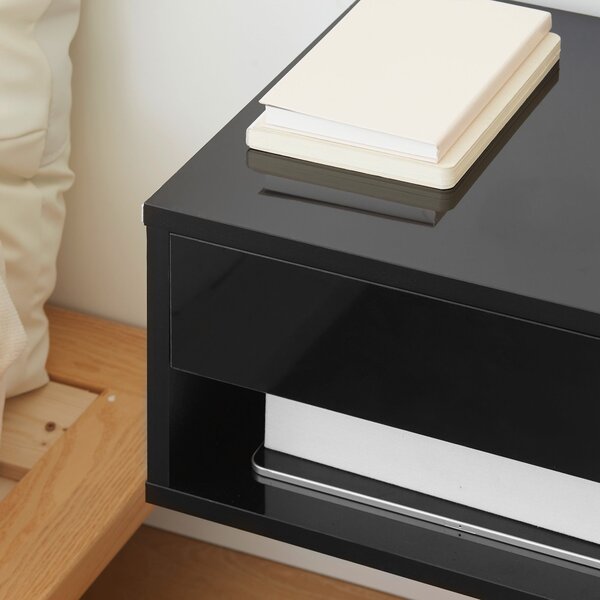 HOMCOM Sada 2 nástěnných nočních stolků - výsuvná zásuvka, niche, deska stolu - rozměry 37D x 32Š x 21V cm černá | Aosom