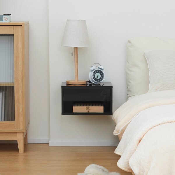 HOMCOM Sada 2 nástěnných nočních stolků - výsuvná zásuvka, niche, deska stolu - rozměry 37D x 32Š x 21V cm černá | Aosom