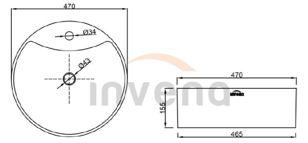 Invena Granada, kulaté umyvadlo na desku 470x470x155 mm, bílá, INV-CE-45-001-W