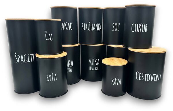 Orion Sada 12ks plechových dóz na potraviny, černé, slovenské názvy, s bambusovým víkem SADA SK