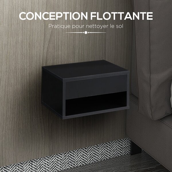 HOMCOM Sada 2 nástěnných nočních stolků - výsuvná zásuvka, niche, deska stolu - rozměry 37D x 32Š x 21V cm černá | Aosom