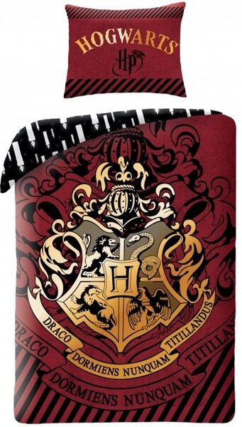 Bavlněné ložní povlečení Harry Potter - motiv se zlatým erbem Bradavic - 100% bavlna - 70 x 90 cm + 140 x 200 cm
