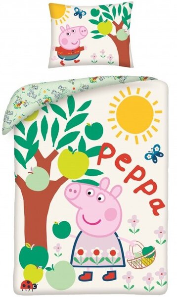 Bavlněné ložní povlečení Prasátko Peppa a jablka - 100% bavlna - 70 x 90 cm + 140 x 200 cm