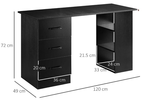 HOMCOM Počítačový stůl se 3 zásuvkami a 3 policemi, stůl do ložnice a kanceláře 120x49x72cm, černý | Aosom