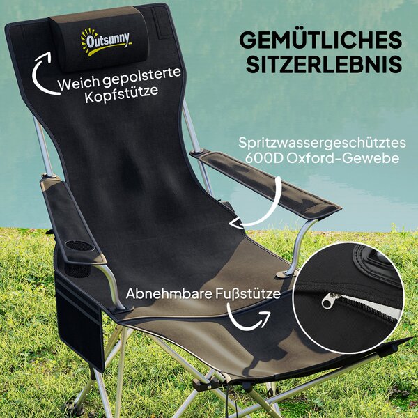 Outsunny Sada 2 skládacích campingových židlí s odnímatelným podnožníkem, držákem na nápoje, opěrkou hlavy, zahradní židle, nosnost 120 kg, lehátko pr