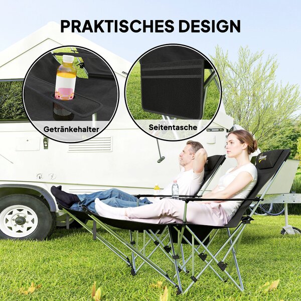 Outsunny Sada 2 skládacích campingových židlí s odnímatelným podnožníkem, držákem na nápoje, opěrkou hlavy, zahradní židle, nosnost 120 kg, lehátko pr